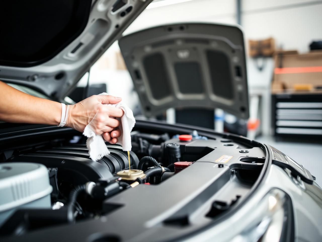 Vehicle servicing and oil check in progress